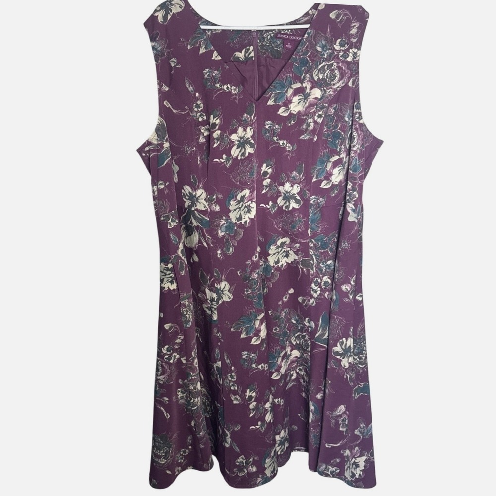 Jessica London Womens 24 Purple Floral V-Neck Sleeveless Fit Flare‎ Dress 91722